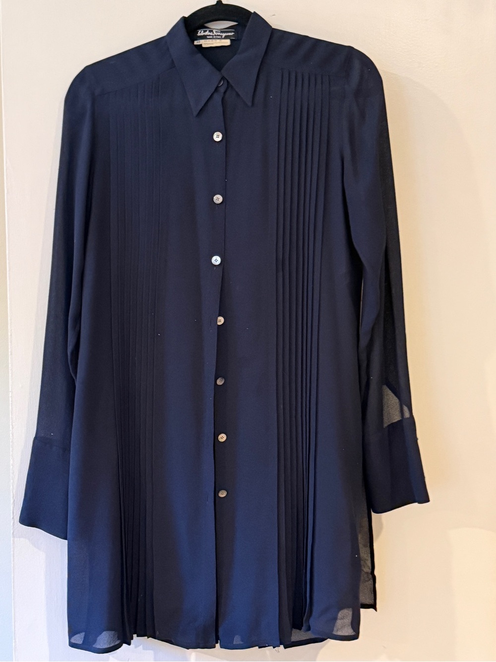 Salvatore Ferragamo Navy Pleated Button-Down Blouse. Size 40